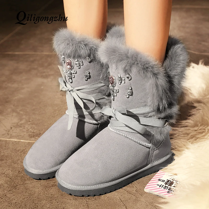 

Crystal Women Snow Boots Plus Size Rabbit Fur Winter Ankle Boots Super Warm Wool Blend Inside Flats Female Comfort Shoes