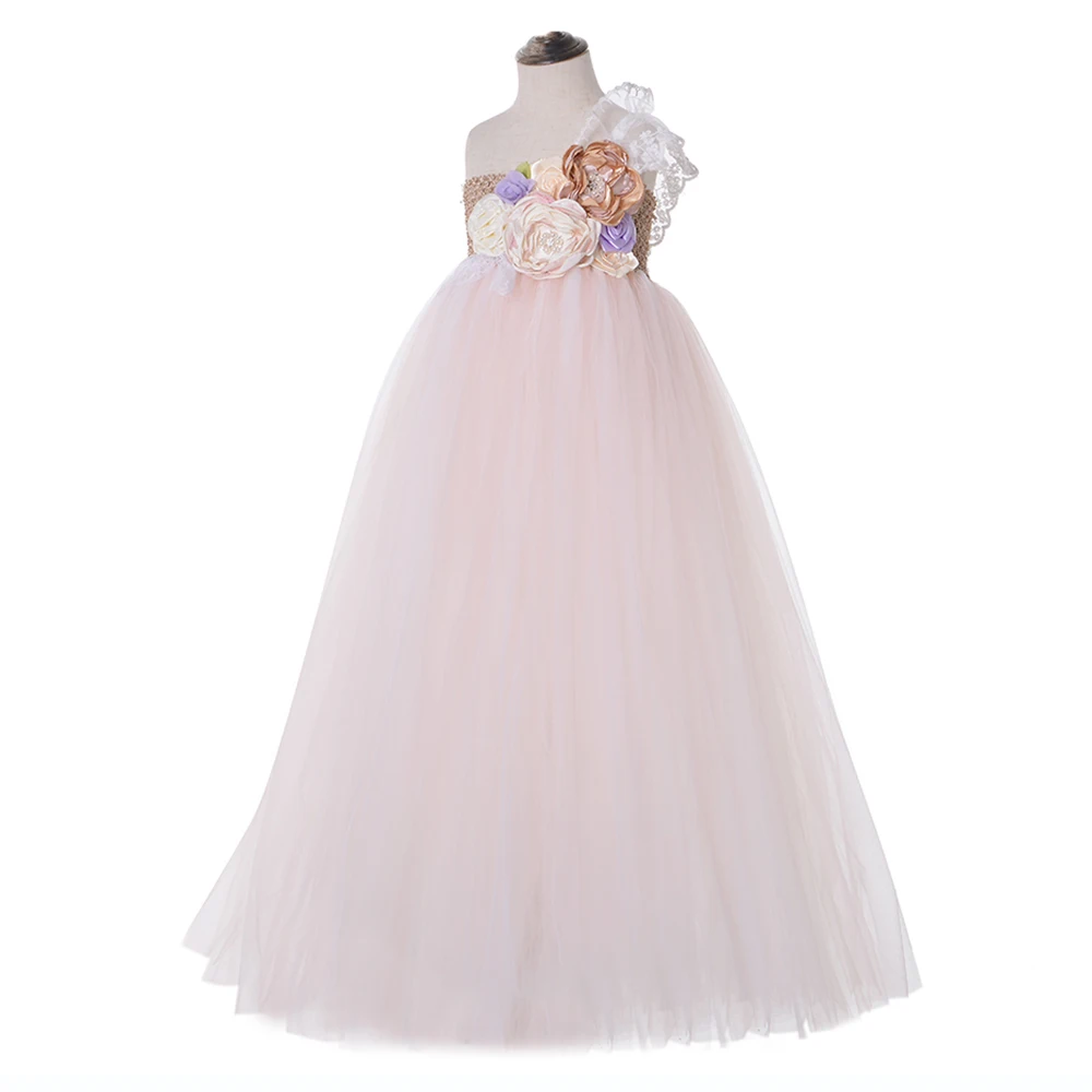 

Elegant Tulle Lace One Shoulder Girls-dress Flower Girl Tutu Dress Long Wedding Ball Gown Infant Girls Christmas Dress Clothes