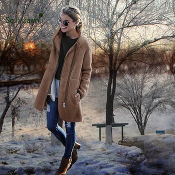 

Winter Women Faux Fur Bomber Teddy Coat Fashion Fleece Faux Fur Coat Female Outwear Warm Casual Women Turtleneck Long Jackets