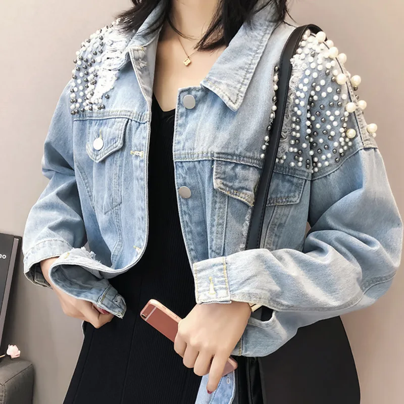 

LANMREM 2019 Autumn New Casual Fashion Temperament Female Loose Plus Long Sleeve Solid Color Pearl Hole Short Denim Jacket TC478