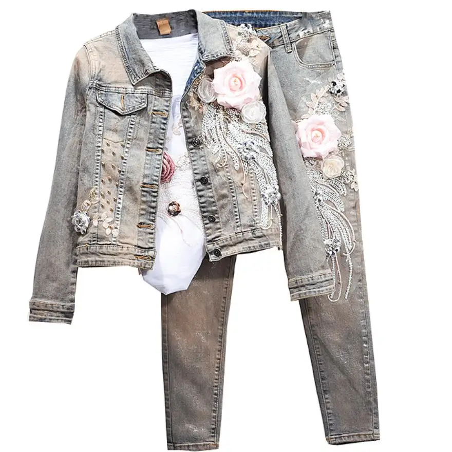 

2019 autumn new three-dimensional flower stretch denim jacket+skinny jeans two pieces sets