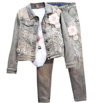 

spring autumn new three-dimensional flower stretch denim jacket+skinny jeans two pieces sets