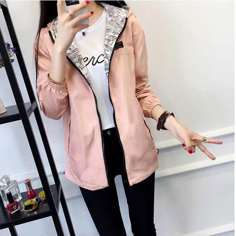 2018 Spring Autumn Women Basic Jacket Pocket Zipper Hooded Two Side Wear Cartoon Print Outwear Loose Coat Windbreaker Female