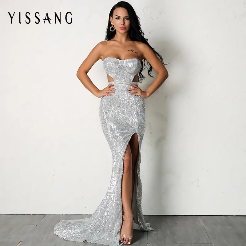 

Yissang Women Sexy Sequin Dress 2018 Summer Solid High Slit Party Dresses Hollow Out V Neck Maxi Long Dress Vestidos