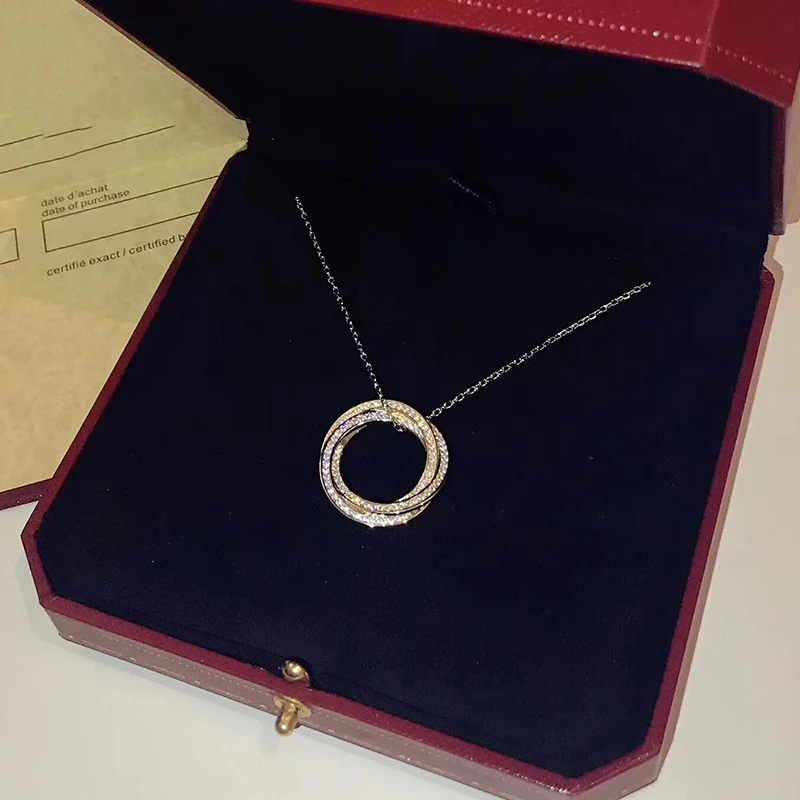 2018 Brand Pure 925 Sterling Silver Jewelry For Women Rose Gold Gold Color Silver Circle Design Necklace 3 Color Circle Pendants alluring spaghetti strap fringe design pure color dress for women