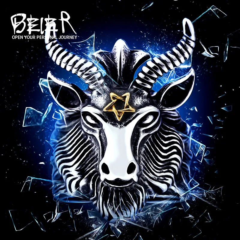 

BEIER Vintage Stainless Steel Big Goat Head Ring Unique Biker Punk Animal Jewelry for man free shipping BR8-182