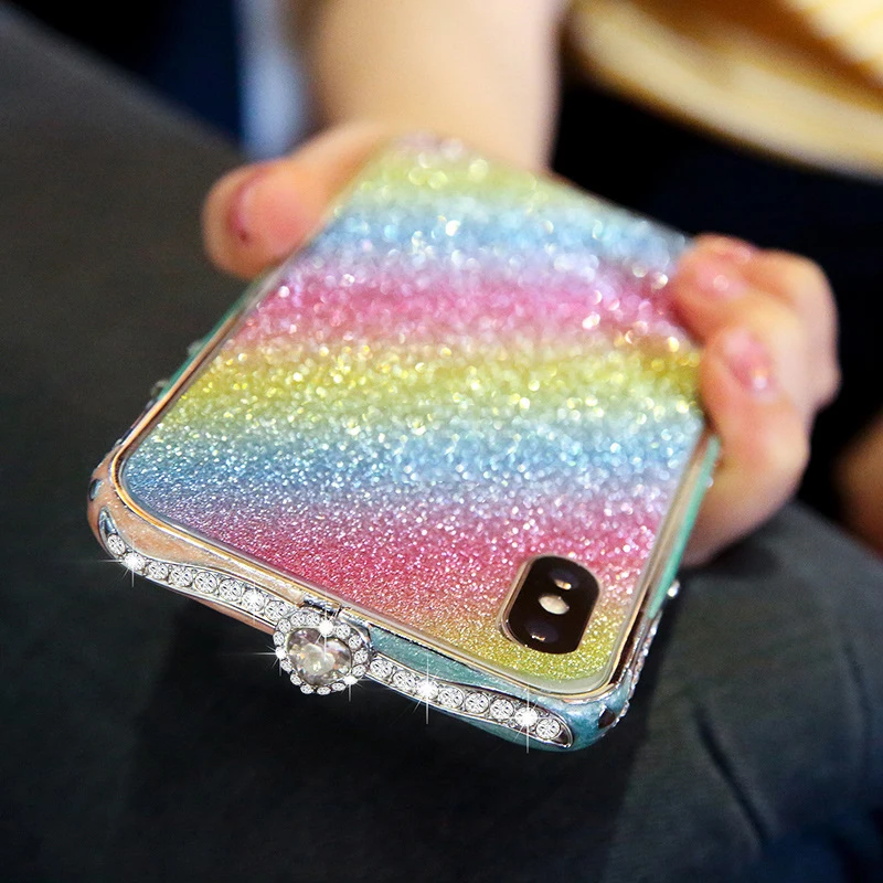 

For iPhone X XR XS Max Case Luxury Bling Diamond Bumper For iPhone 8 7 6 Plus Case Glitter Rhinestone Heart Colorful Metal Frame