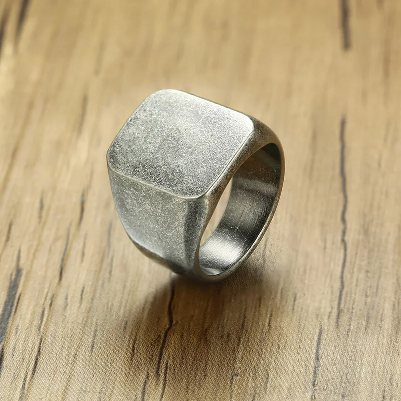 

New Men's Stainless Steel Square Antique Silver Ring Retro Gray Simple Signet Band