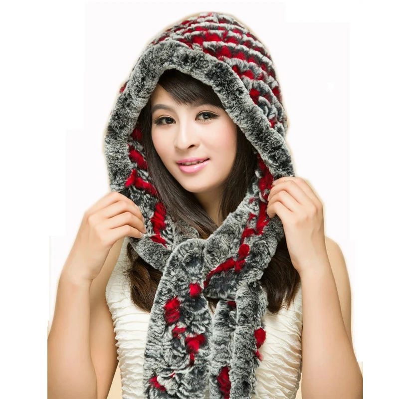 

Winter women's rex rabbit hair knitted cap knitted ear hat scarf fur hat