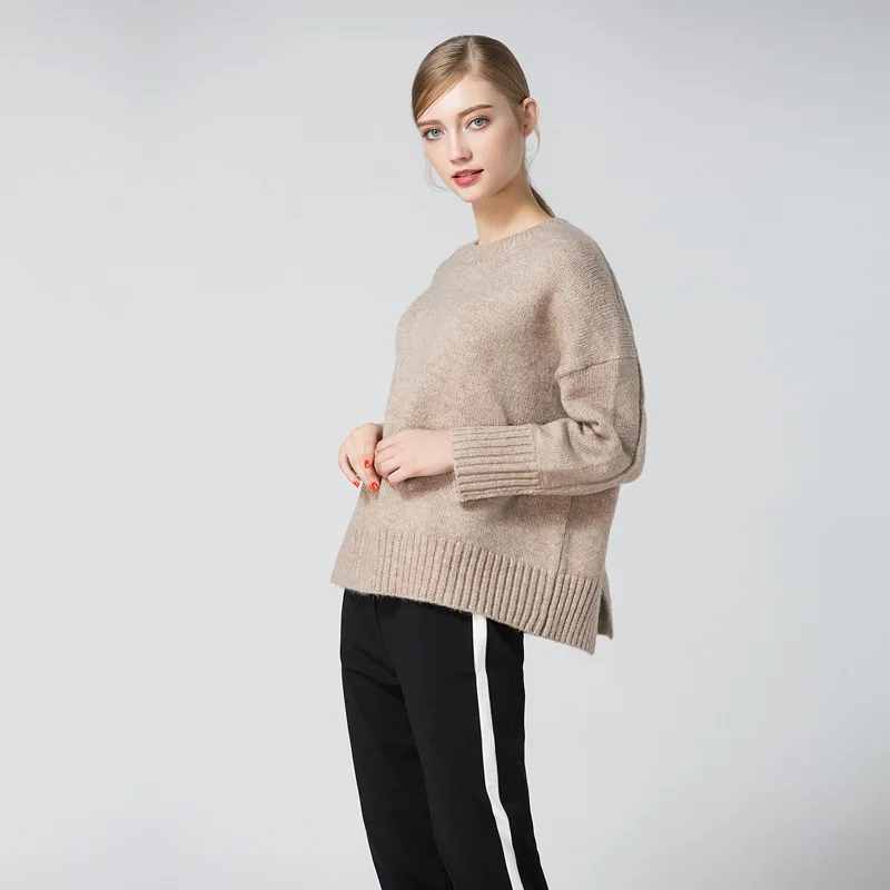 Women Sweater Solid Color Round Neck Loose Knitted Pullover Sweater Casual Style Autumn Winter Khaki