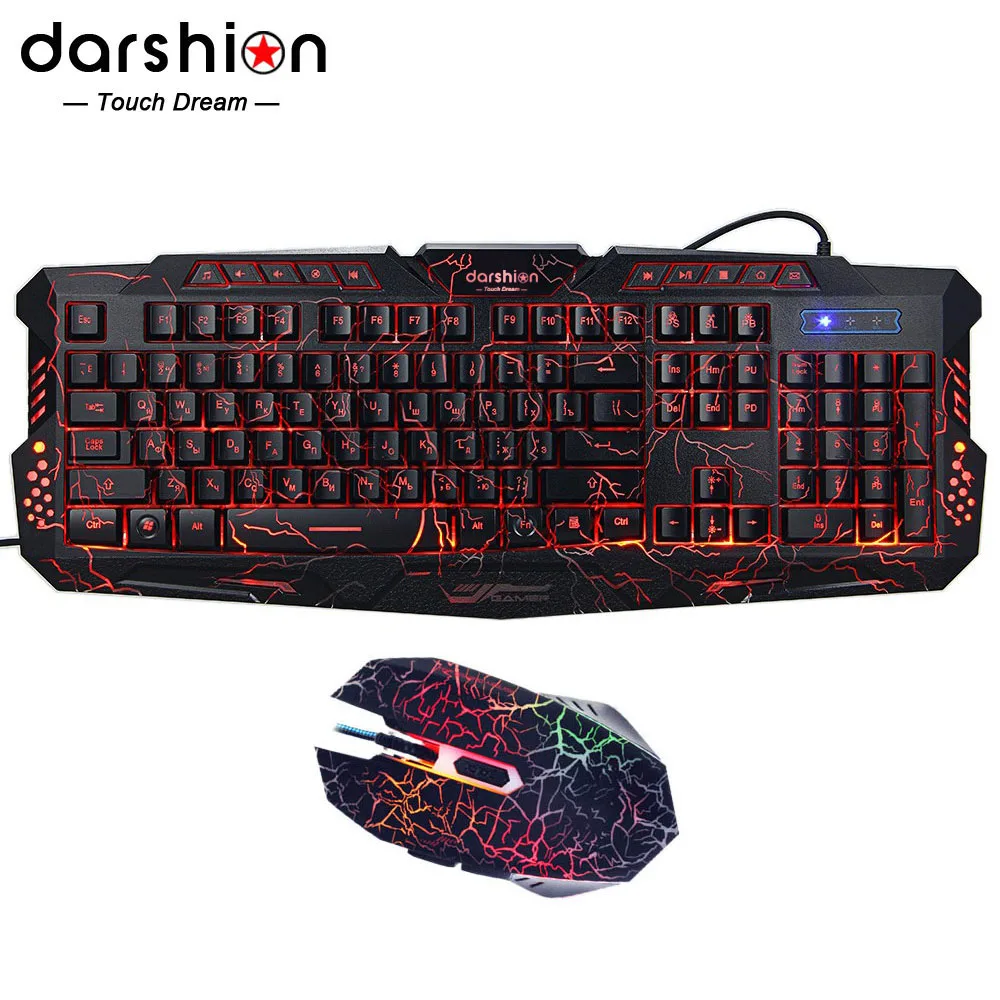 Pаспродажа Дисплей Со СВЕТОДИОДНОЙ Подсветкой Русская клавиатура Gaming + Трещина gaming mouse 6 кнопок дыхание светоизлучающий красочный мышь Комплекты клави...