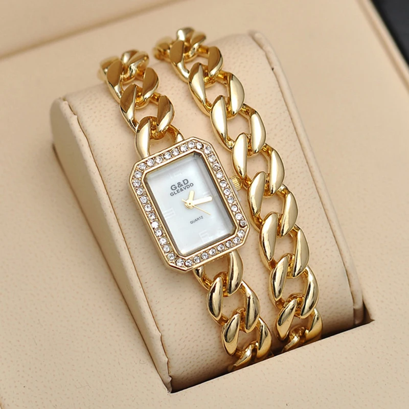

 Brand Casual Ladies Bracelet Watch Women Quartz Analog Pointer Wristwatch Rhinestone Decor Stainless Steel Case