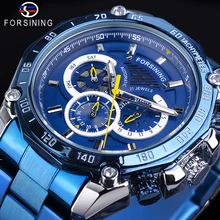 Forsining Mens Automatic Blue Watch Racing Big Dial Date Male Mechanical Stainless Steel Band Sport Wristwatch Relogio Masculino jaragar big dial auto date stainless steel band men automatic mechanical tourbillon watch relogio masculino