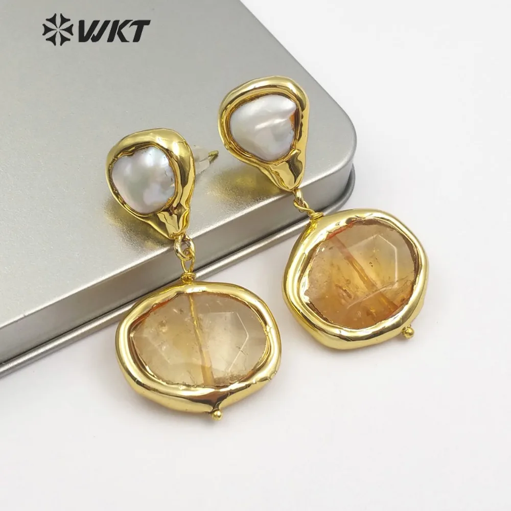 

WT-E481 Gold Trim Earring Freshwater Pearl Stud Rose Crystal, Amazonite, Yellow Crystal Inlay Earring Jewelry Gift For Female