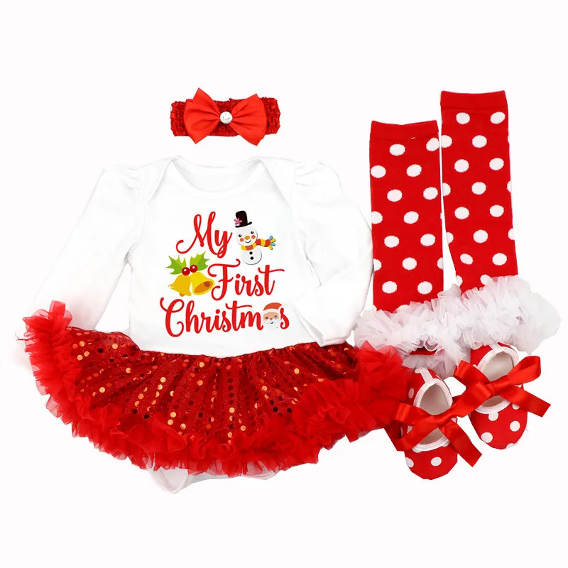 Розничная платье для девочек возрастом от 4 шт./компл. одежда для маленьких девочек Рождественские костюмы для малышей для мальчиков и девочек; Roupas De Bebe для новорожденных комбинезон+ носки+ повязка+ обувь - Цвет: as photo