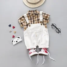 Для маленьких мальчиков Одежда для вечеринки для детей 2 шт./компл. Костюмы цвета хаки, Рубашки в клетку+ шорты, наряды для младенцев комплект одежды для малышей