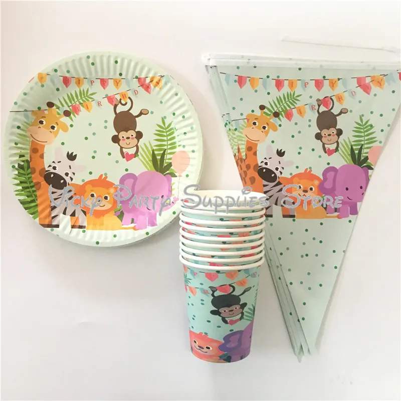 

30pcs/lot Cartoon Animal Disposable Paper Tableware Set Jungle Animal Zoo Bithday Baby Shower Party Tableware Supplies