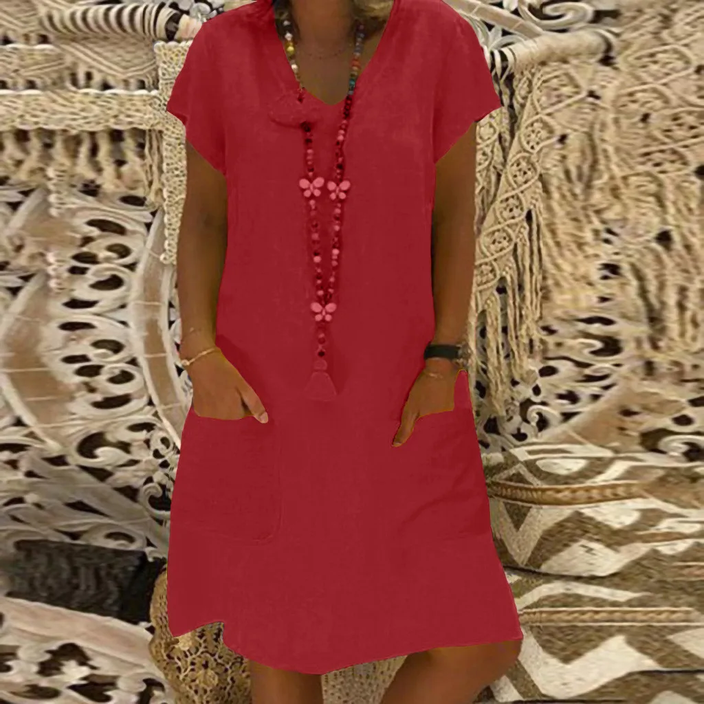 الصيف نمط النساء اللباس Feminino Vestido الرجعية الصلبة السيدات السببية V الرقبة تي شيرت اللباس القطن و الكتان الشاطئ اللباس زائد حجم