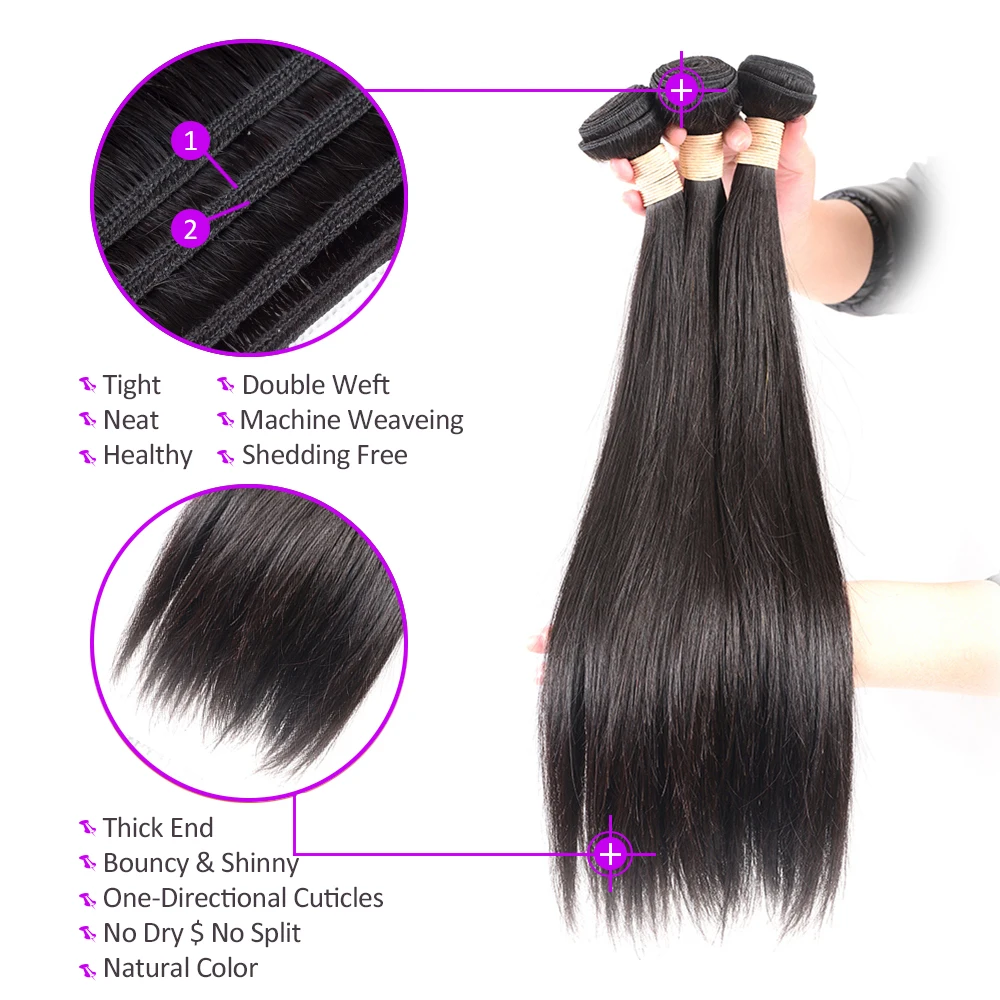 HairUGo прямые человеческие волосы пучки с закрытием перуанские пучки волос с 360 кружевной фронтальной застежкой двойные синтетические волосы Remy Weave