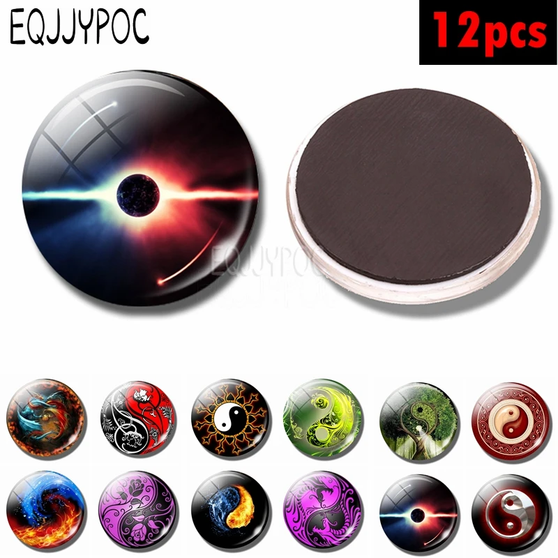 

12pcs Yin and Yang Taiji Fridge Magnet Set 25MM Glass Dome Magnetic Refrigerator Sticker Chinese Religious Culture Fridge Memo