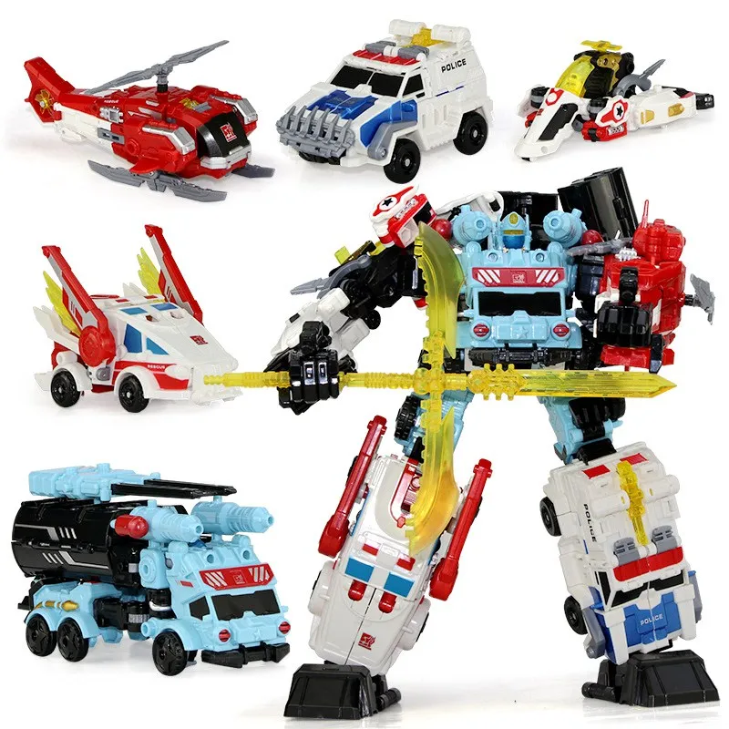 

5 in 1 Rescue Bots Transformation Robot Toys Colorful 5 Cars Merge Deformation Big Robot Cartoon Animation Model Gift For kids