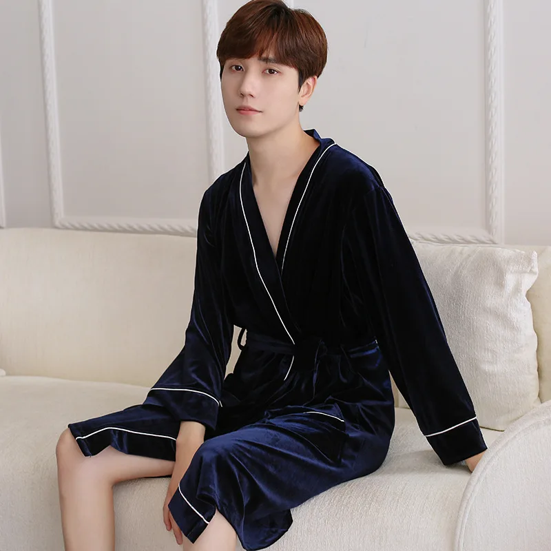 Autumn winter gold velvet women/man bathrobe solid mid length lovers kimono robe