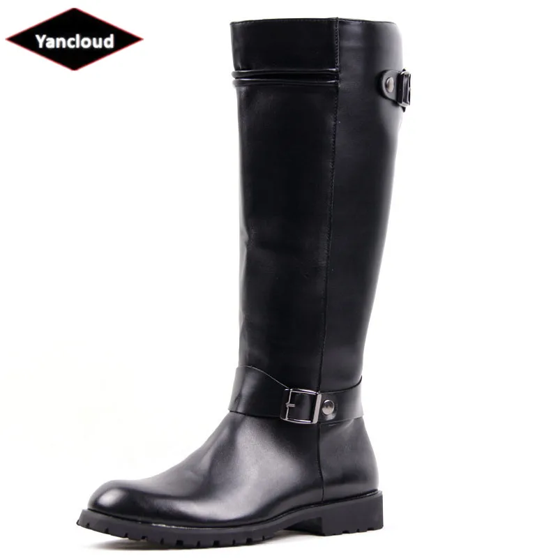 

Fashion Mid Calf Mens Riding Boots Waterproof Leather Buckle Martin Boots New 2019 Long Military Boots Men Winter Shoes