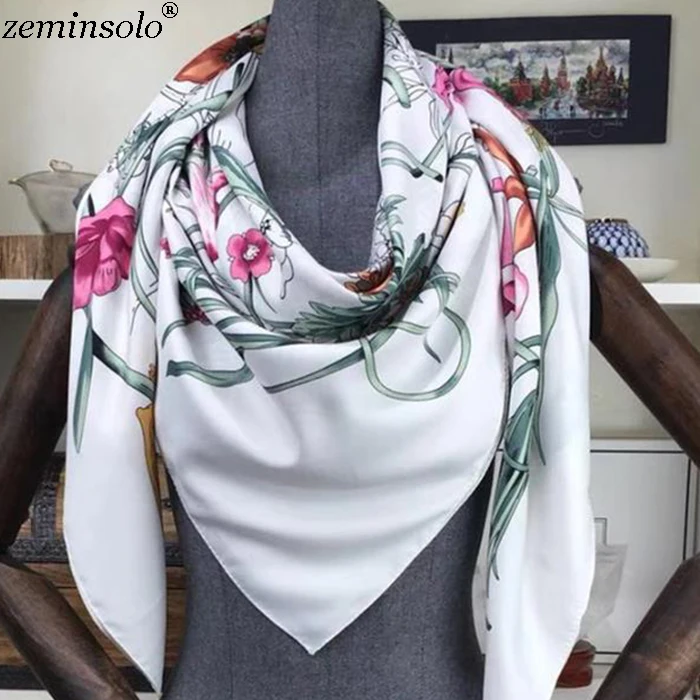 Квадратный твил шелковый шарф бандана женские шали 130*130 см Bufanda большой цветочный принт шарфы палантины шарф платок хиджаб