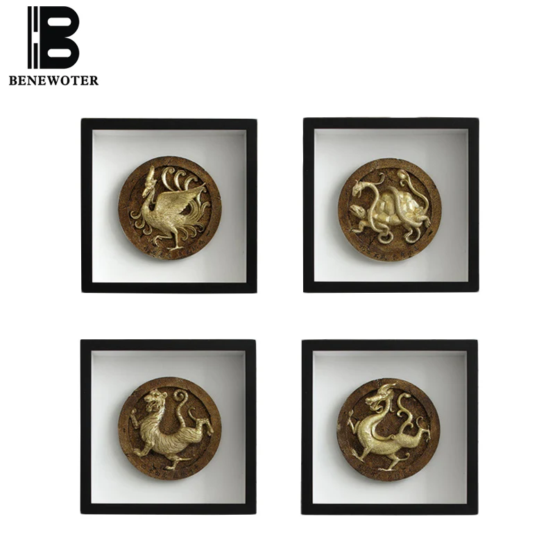 Koop Creative Dragon Tiger Suzaku Muurschildering Beeldje Hars Ambachten Retro Simulatie Dier Fotolijst Muur Opknoping Feng Shui Home Decor