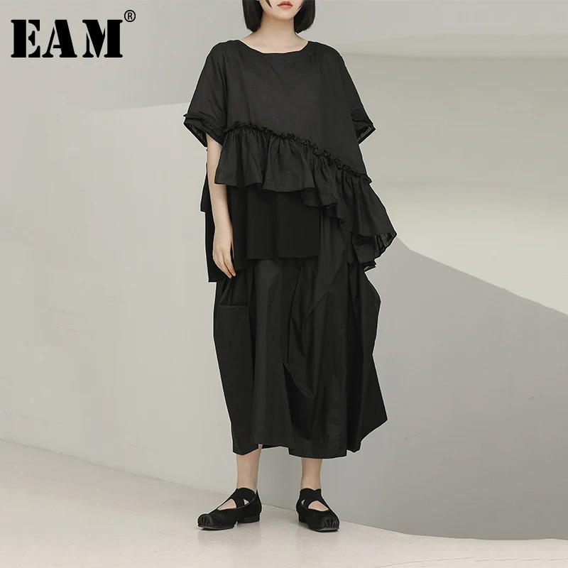 

[EAM] 2019 New Spring Summer Round Neck Half Sleeve Black Loose Ruffles Split Irregular Big Size T-shirt Women Fashion JU566