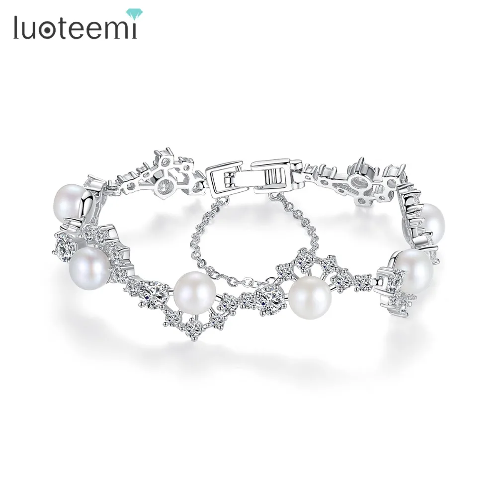 LUOTEEMI Freshwater Pearl Wedding Bridal Bracelet with Cubic Zirconia Crystal Rhinestones Bangles For Women Fashion Accessories