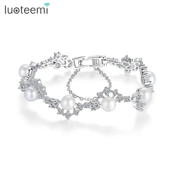 

LUOTEEMI Freshwater Pearl Wedding Bridal Bracelet with Cubic Zirconia Crystal Rhinestones Bangles For Women Fashion Accessories
