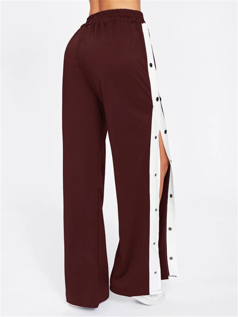 Черные брюки с цветными блоками и контрастными кнопками, повседневные укороченные брюки с высокой талией, женские широкие брюки, эластичные брюки для отдыха