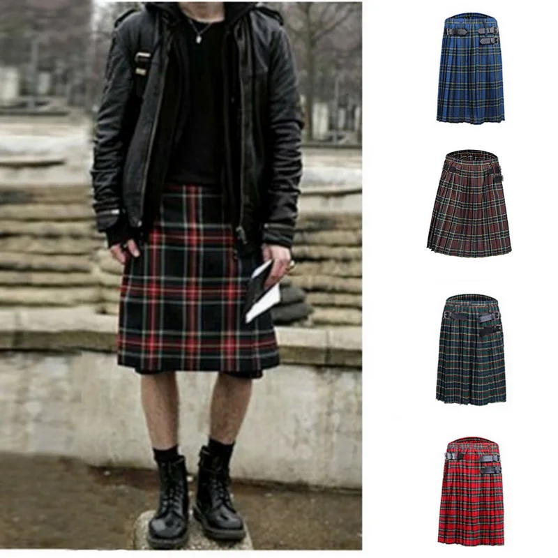 

SFIT Scottish Mens 2019 Kilt Traditional Plaid Belt Pleated Bilateral Chain Brown Gothic Punk Scottish Tartan Trousers Skirts
