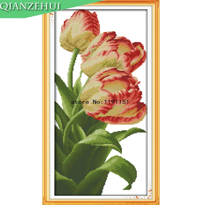 

QIANZEHUI,Needlework,DIY Pink Tulips cross stitch kits,Sets For Embroidery kits Cross-Stitching,Wall Home Decro