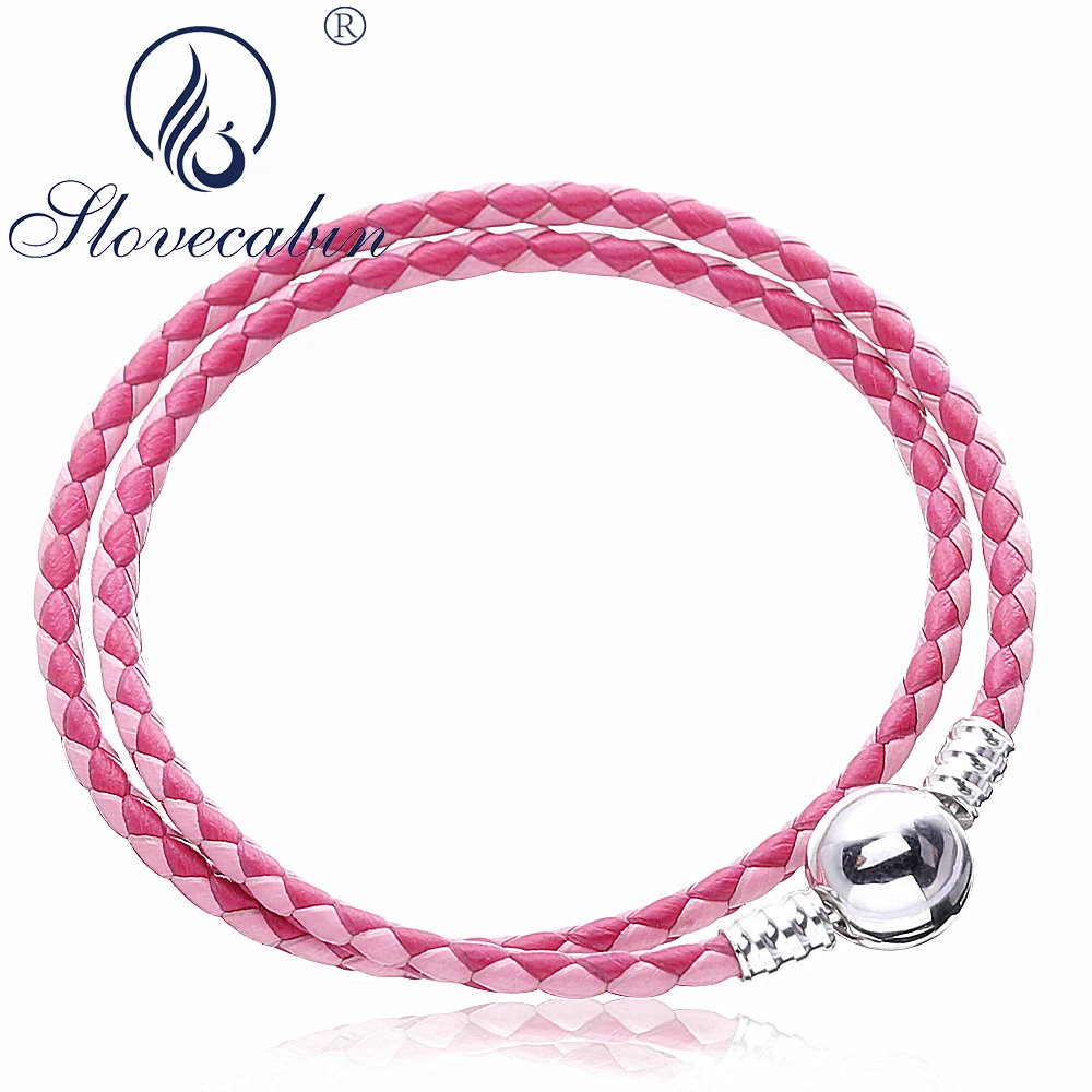 

Slovecabin Original 925 Sterling Silver Mix Pink Double Leather Bracelet Bangle For Women Christmas Gift Sterling Silver Jewelry