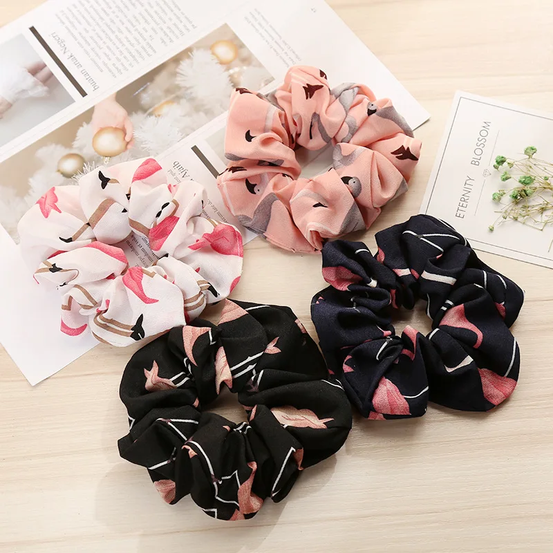 

4 Pcs/Set Floral Flamingo Print Women Hair Accesories Chiffon Hair Tie Scrunchie Ponytail Hair Holder Rope