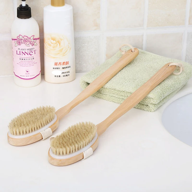 

Removable Natural Bristle Body Cleaning Brush Massager Long-handled Wooden Bath Rub the Back Brush Towel Bathroom Accessories