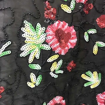 

1 yard color handmade french beaded lace fabrics 2019 new 3d flower sequins fabric luxury full beaded bridal Chiffon fabric