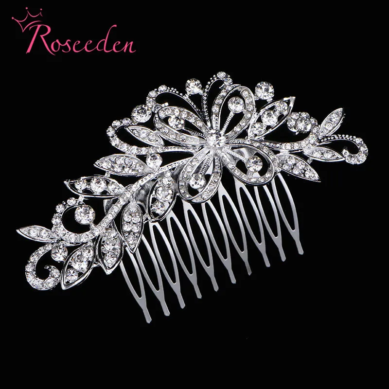 Silver plated wedding hair combs beautiful rhinestones leaves floral
