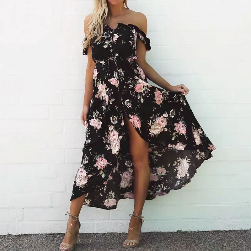 

Melegan 2019 Summer Off Shoulder Maxi Dress Femme Print Maxi Split Boho Dress Sexy Black flower Button Long Dress Vestidos