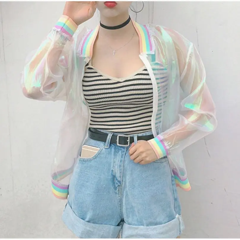 

Harajuku Summer Women Jacket Laser Rainbow Symphony Hologram Women BasicCoat Clear Iridescent Transparent Bomber Jacket Sunproof