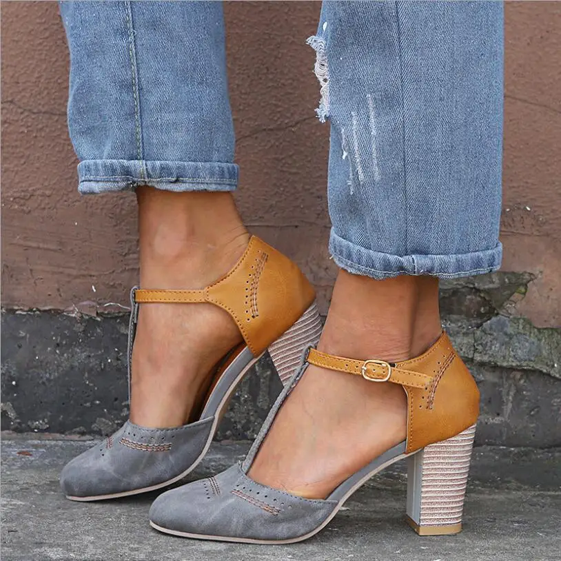 

EOEODOIT 2019 Summer Sandals Newest Leather Patchwork Retro Vintage Women High Heels Square Heel Round Toe T Buckle Pumps Shoes