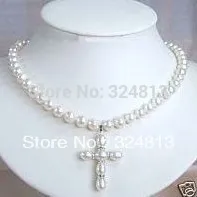 

>@@@@@ Stunning White Pearl Necklace With Cross Pendant #2289 a -Top quality free shipping