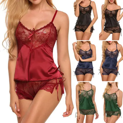 

hirigin 2pcs Women Sexy Satin Lace Pajamas Set Deep V-neck Camis+shorts Autumn Erotic Sleepwear Sets
