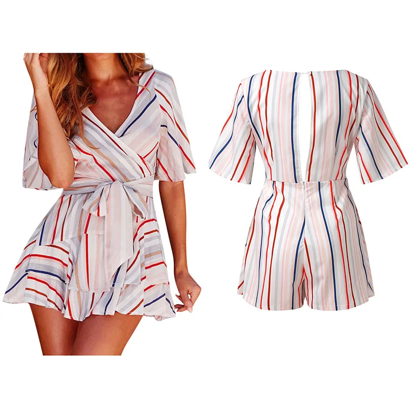 

Striped Short Sleeve Playsuit Sexy Hollow Backless Jumpsuit Women Summer Rompers Half Open Collar Bodysuits with Sashes