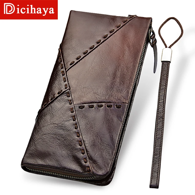 DICIHAYA Genuine Leather Long Ultra-thin Wallets with Wristlet Cowhide Design Purse Luxury Male Leather Zipper Purse Phone bag tweed zipper makeup bag with wristlet