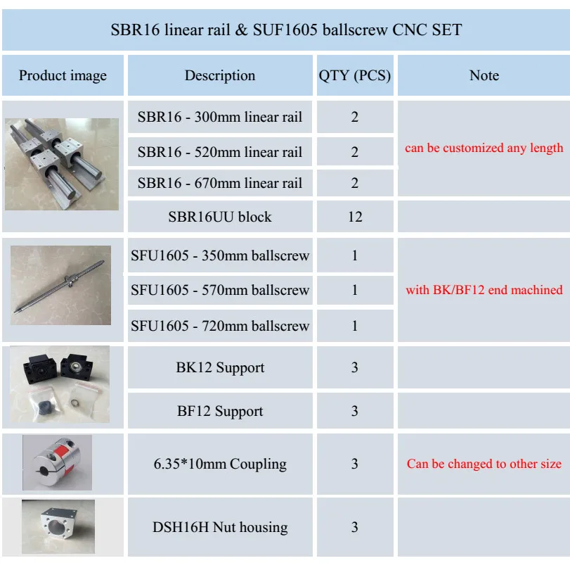 6 комплектов линейной направляющей SBR16 300 мм/700 мм/1100 мм и другой длины+ SFU1605 шариковый винт+ BK12/BF12+ гайка Корпус CNC части - Цвет: SBR16-300 520 670