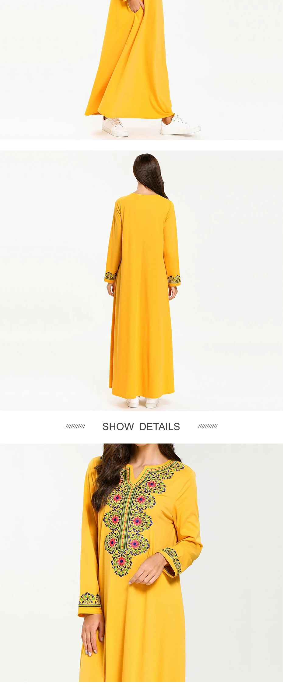 7700 Плюс Размер Макси платье абайя мода вышитый желтый длинный рукав платье мусульманские женщины длинное платье
