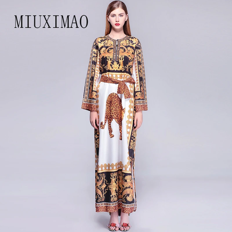 

2018 Autumn New Arrival Fashion A-Line O-Neck Full Sleeve Sashes Leopard Print Elegant Ankle-Length Maxi Long Dress Women